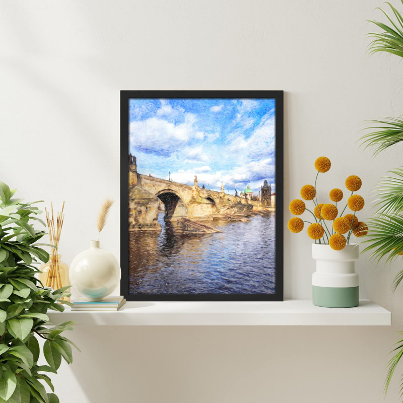 «Riverwalk Bridge Pastel Sky Ocean» sur papier, H 16 po x l 12 po, Noir