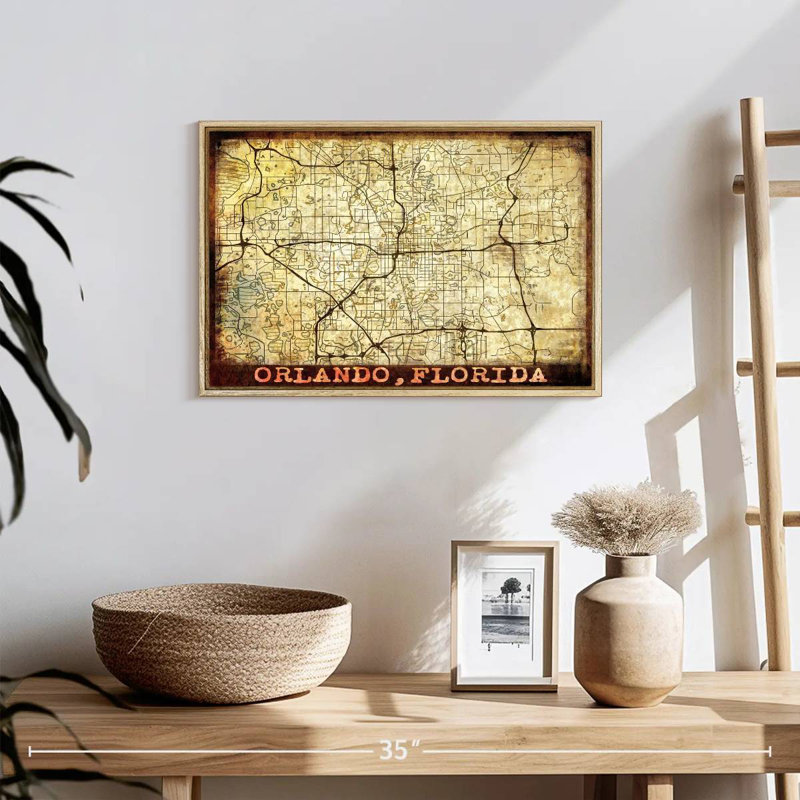 Vintage Orlando City Map, Floating Frame Natural Wood, 19" X 13"