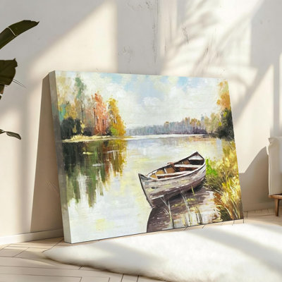 16" X 24" Beige Rustic Lake Canvas Solid Wood Frame Support Wall Art - Autumn Landscape Painting Riverside Scenery Picture Nature Artwork Farmhouse Decor For Living Room