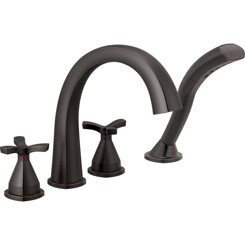 Stryke Double Handle Deck Mounted Roman Tub Faucet Trim, Venetian Bronze, With Handheld, Cross Handle