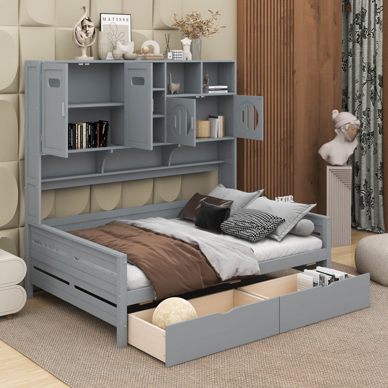 Lit de jour en bois avec tiroirs, Complet/Double, Gris