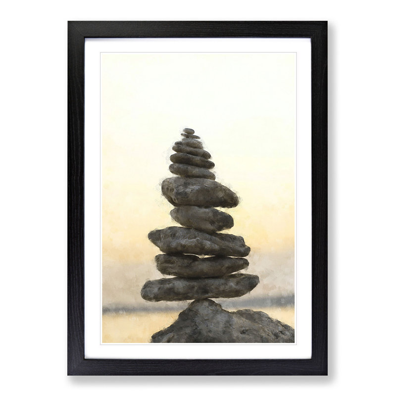 Balancing Zen Stones - Picture Frame Painting Print, 45cm H x 33cm W x 2cm D, Black Framed
