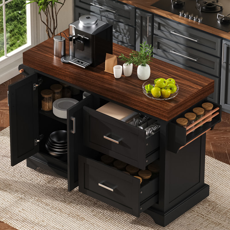 Grand îlot de cuisine avec bureau de 3,5 po d'épaisseur, supports à épices et à serviettes, îlot de cuisine sur roulettes avec rangement sur 5 roulettes, 2 très grands tiroirs, pour la maison, la cuisine, la salle à manger