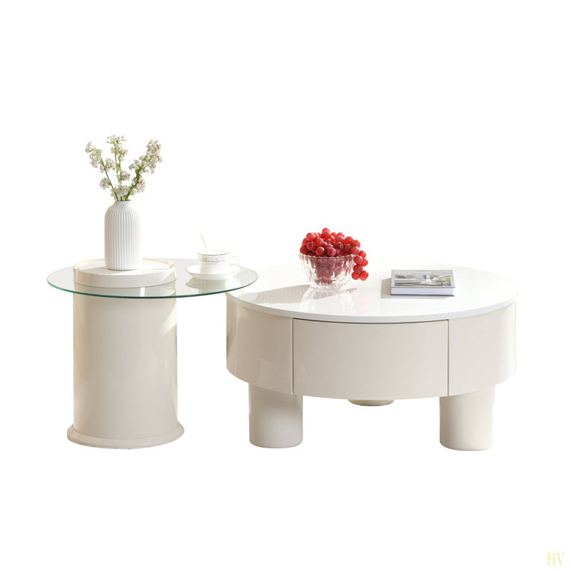 Ensemble de 2 tables basses rondes gigognes, table basse avec tiroir de rangement, table centrale en plastique pour le salon, grand 27,56 po, petit 19,69 po
