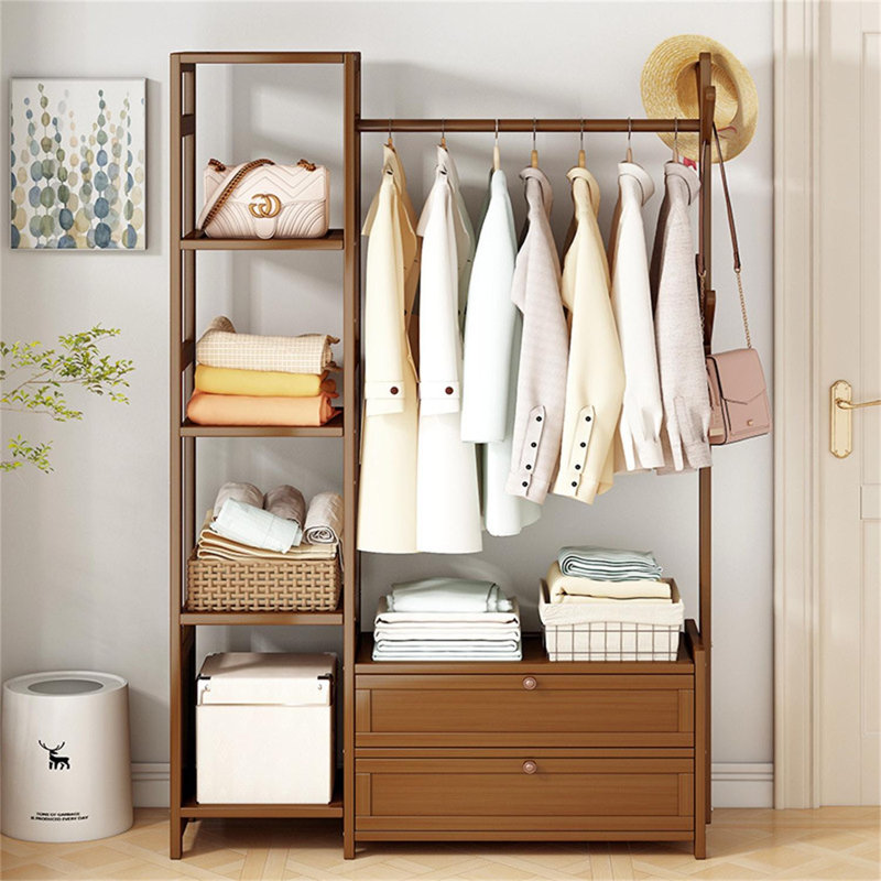 Naiden Bamboo 39" W Clothing Rack Storage Shelves Garment Hanging With Door, Brown
