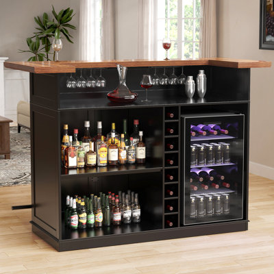 Home Bar Unit with Fridge Space, U-Shape Liquor Wine Cabinet, 63.1" Mini Bar Table with Storage for Basement or Living Room
