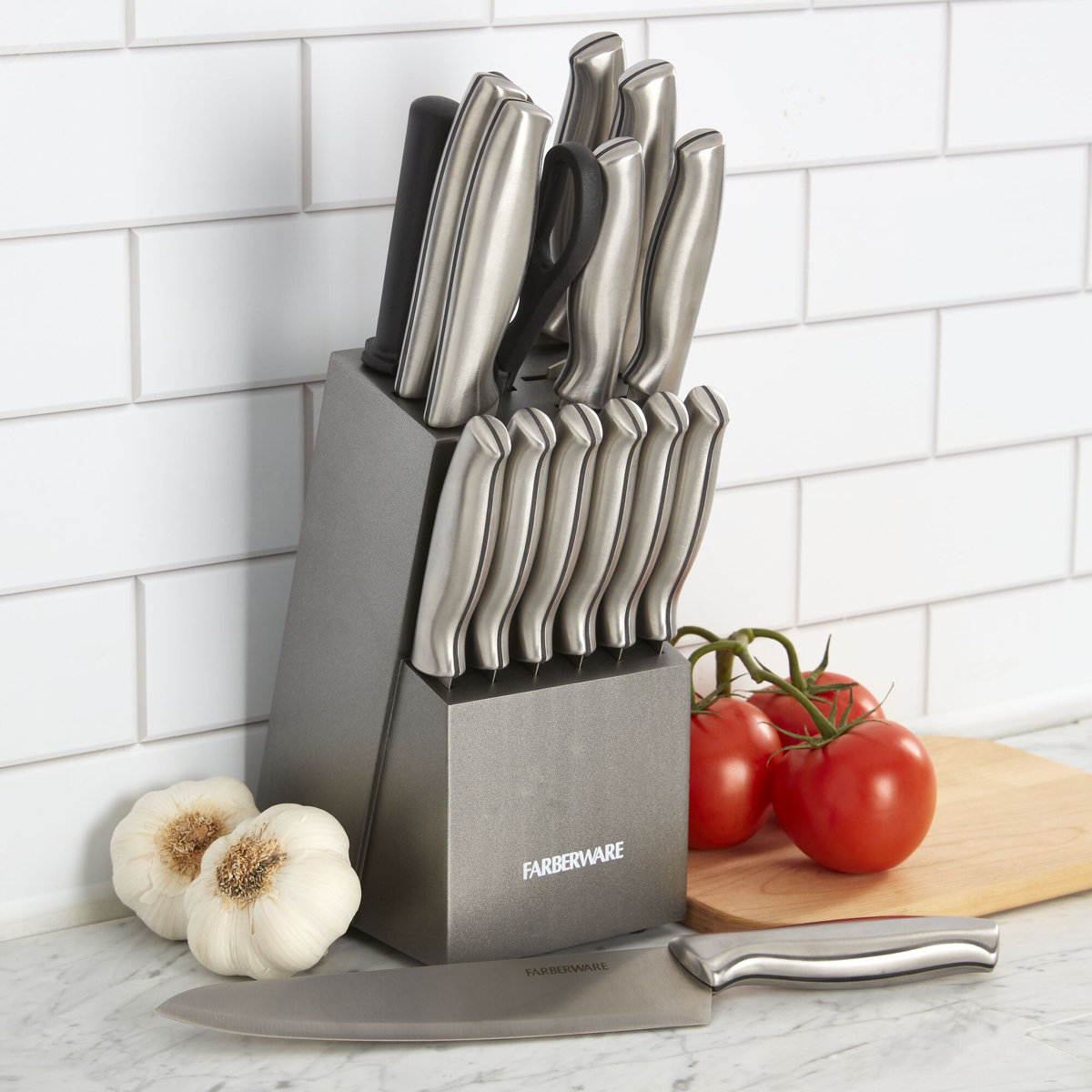 Farberware Stamped 15-Piece High-Carbon Stainless Steel Knife Block Set with Steak Knives & 3-Piece Bamboo Cutting Board