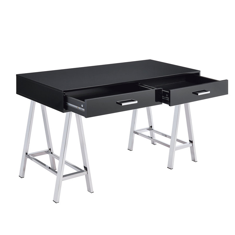 Bureau d'écriture 2 tiroirs avec base en métal ultrabrillant et chrome