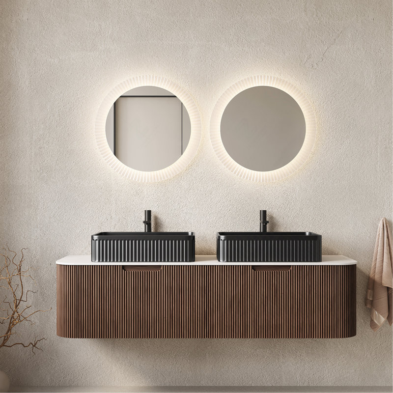 60" Bathroom Vanity&Sinks, Floating Curved Edges Striped Storage Cabinet with 2 Drawers, 2 Black Rectangular Ceramic Basins&White Sintered Stone Top, Pre-assembled Dark Walnut