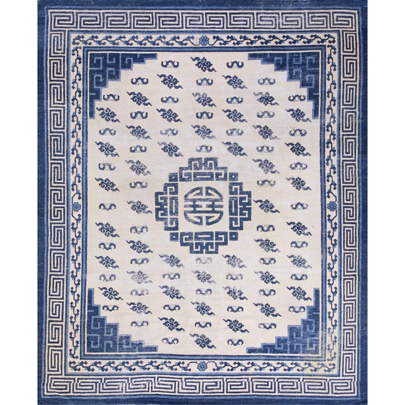Antique Room Size White and Blue Color Mongolian Medallion Rug