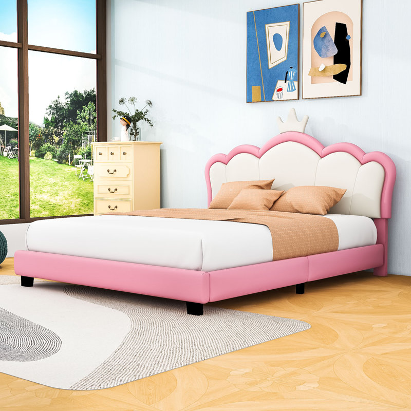 Lit plateforme tapissier avec tête de lit en forme de couronne, Double