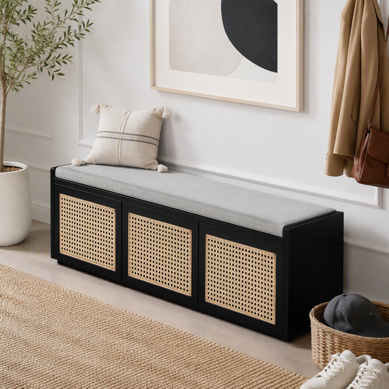 Banc de rangement pour chaussures de 48 po, banc de rangement rétro avec tiroirs en rotin et coussin amovible rembourré à boutons