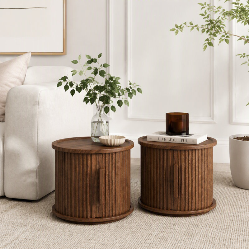 Ensemble de 2 tables basses rondes avec rangement à porte coulissante et colonne romaine cannelée