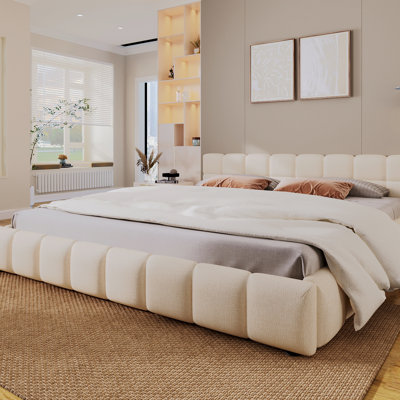 Elegant King Size Upholstered Bed Frame, Chenille Fabric King Bed Frame With Headboard, Wood Platform Bed With Checkerboard Design For Bedroom, No Box Spring Needed, Beige(88''*82''*24'')
