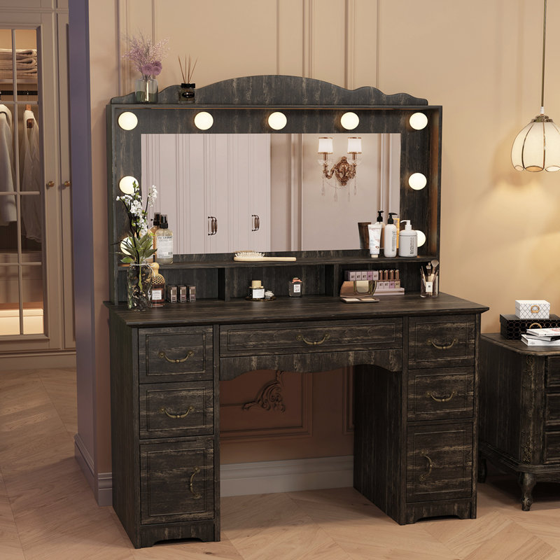 Large Makeup Vanity Desk With Lighted Mirror and 5 Drawers, Wooden French Country Modern Farmhouse White Dressing Table With Charging Station, makeup bedroom vanity with lights, Pink, White, Walnut