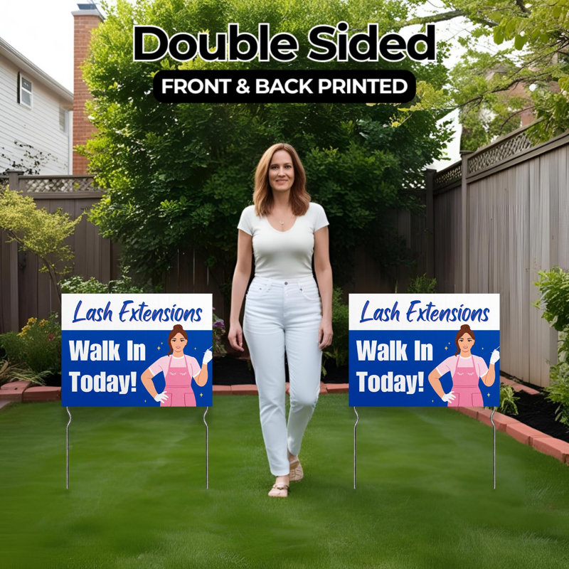 Lash Extensions - Walk In Todday! Yard Sign by DC | 24"x18" Double Sided Lashes & Brows Garden Sign with 13” Metal Stakes | Outdoor Signs Waterproof for Lawn, Patio, Sidewalk & House | Set of 1