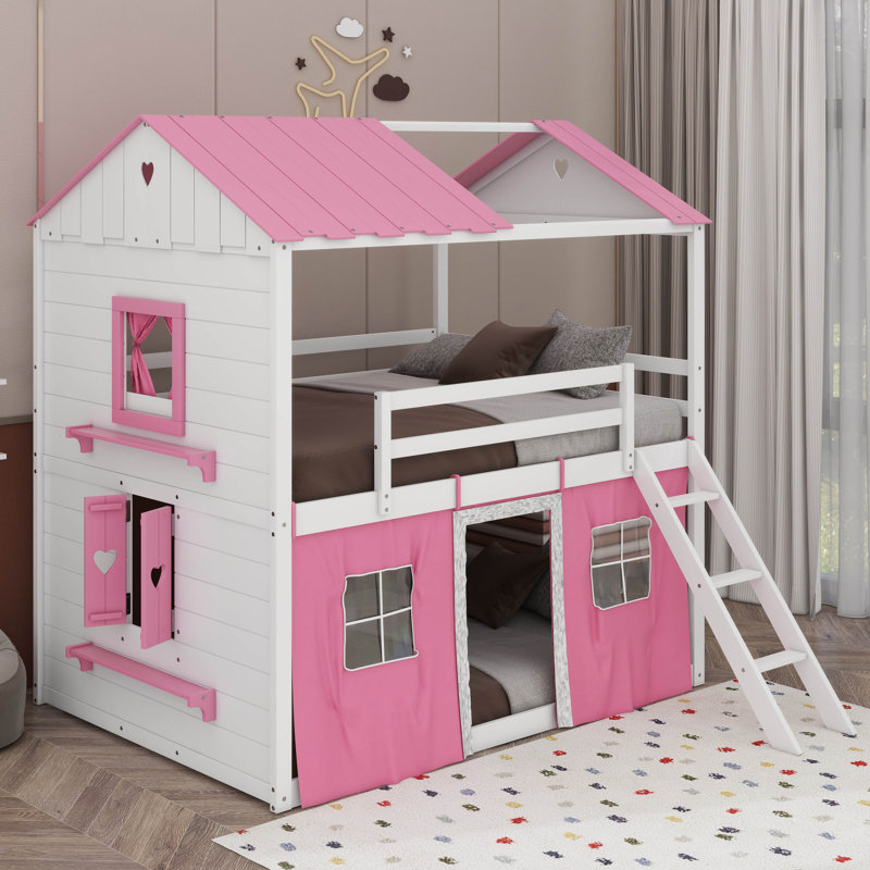 Lit superposé en bois Kobart avec fenêtres élégantes, rebords et tente, Rose / blanc, Double