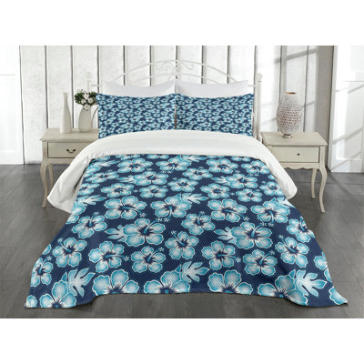 Ambesonne Aloha Bedspread Set Hibiscus Hawaiian Flowers Dark Blue Sky Blue -  bed_33438_king