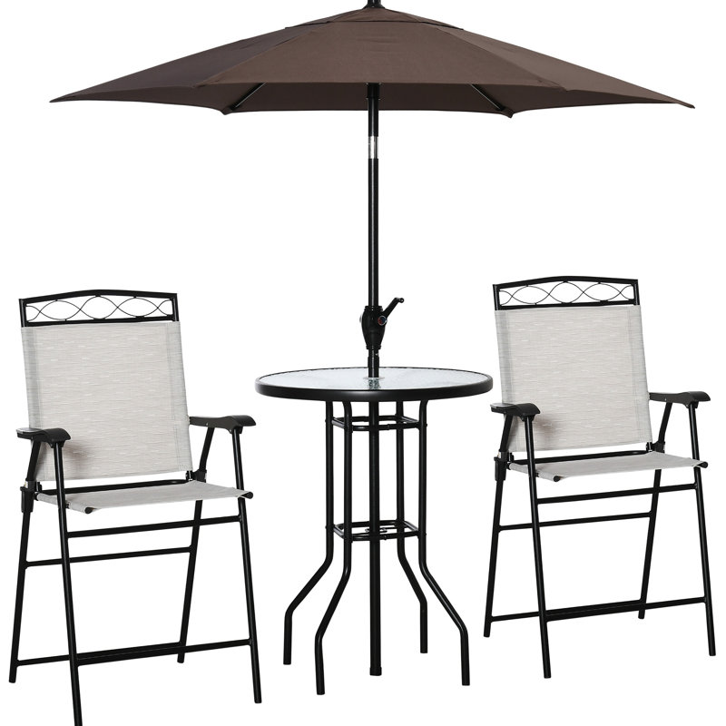 Ensemble de mobilier de patio 4 pièces, 2 chaises pliantes, parasol à angle réglable, table de salle à manger en verre trempé texturé Wave