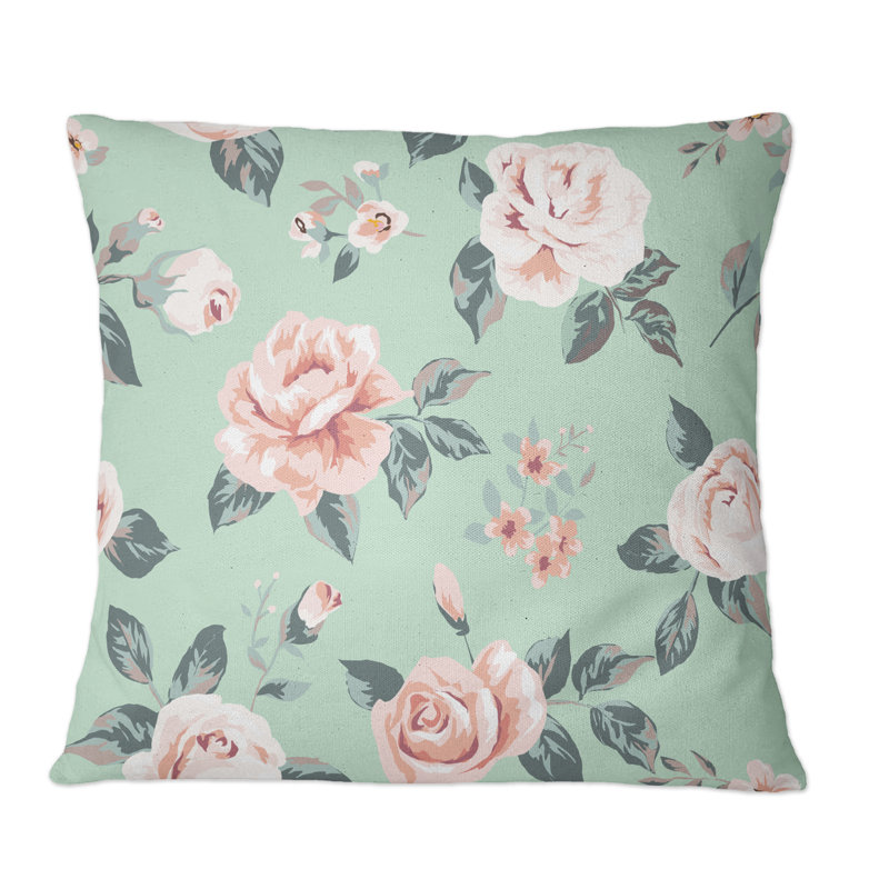 Coussin décoratif rétro à motif de roses roses et blanches sur fond vert I, 16 po x 16 po