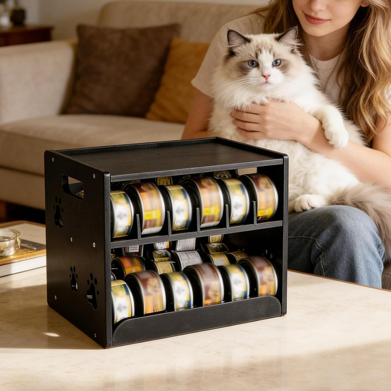 Distributeur de nourriture pour chats en bambou à 2 niveaux avec support de rangement par gravité pour aliments pour animaux.