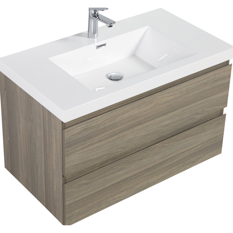 Meuble-lavabo flottant 36 po, moderne avec lavabo. Lavabo de comptoir en résine, tiroirs à fermeture en douceur gris cendré. Organisation. Meuble-lavabo 24V11-36Ag, unité exquise. Tiroirs supérieurs. Gris à jaunissement.