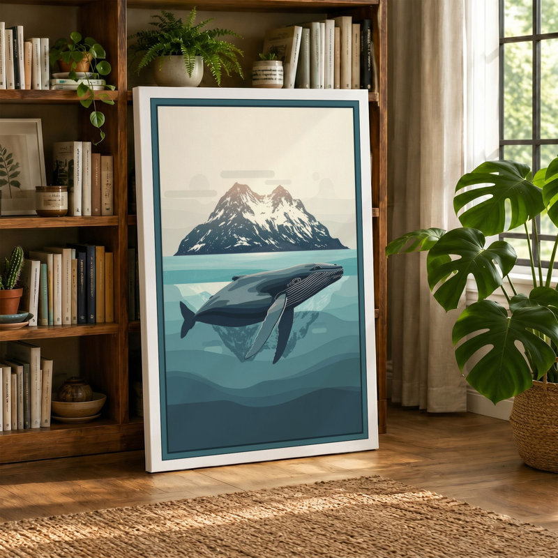 Whale and Mountain Minimalist - Wrapped Canvas, 18x12 - 45.7 x 30.5 cm, Cream Border