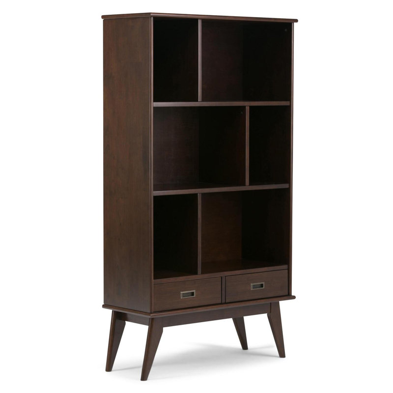Draper 64"H Solid Wood Mid-Century Modern Wide Bookshelf with Adjustable Shelves and Tapered Legs, Auburn Brown