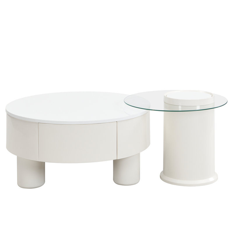 Ensemble de 2 tables basses rondes gigognes, table basse avec tiroir de rangement, table centrale en plastique pour le salon, grand: 27,56 po, petit: 19,69 po