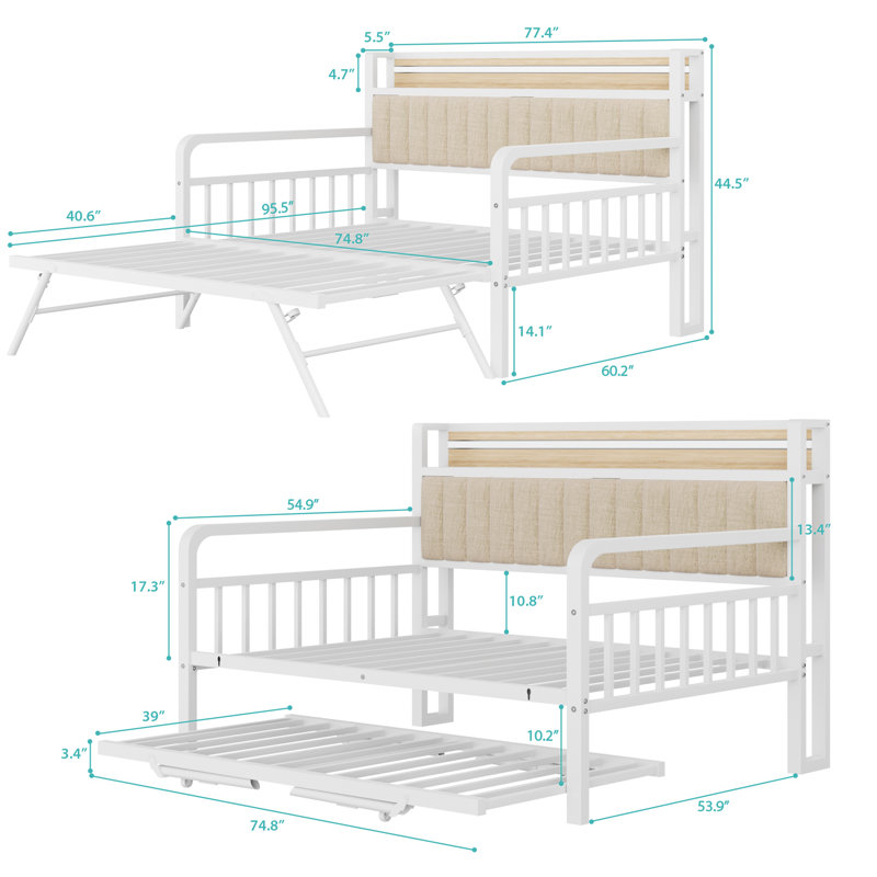 Canapé-lit multifonctionnel avec table pliable et tête de chargement à DEL - Lit de jour gigogne escamotable pour petits espaces