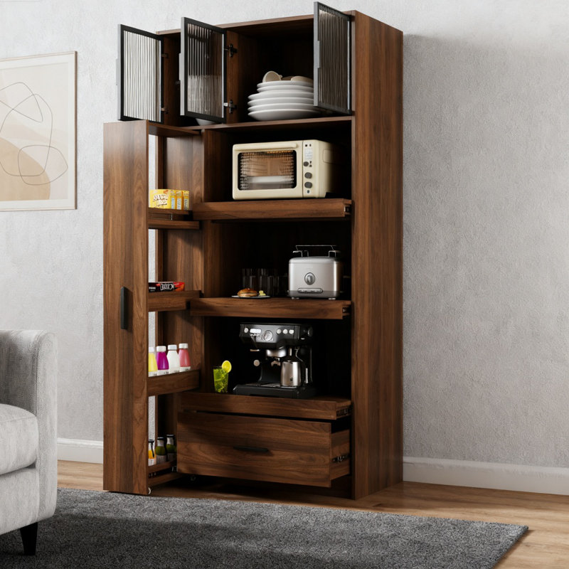 Armoire de cuisine 70 po H 70,87 po multifonctionnelle autoportante en noyer - grande capacité de rangement