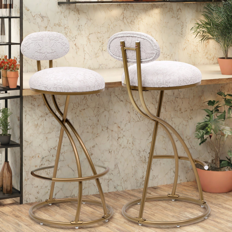 Round Bar Stools Set Of 2 With Floral Print Upholstered Seat And S-shaped Powder-coated Metal Frame, Gold