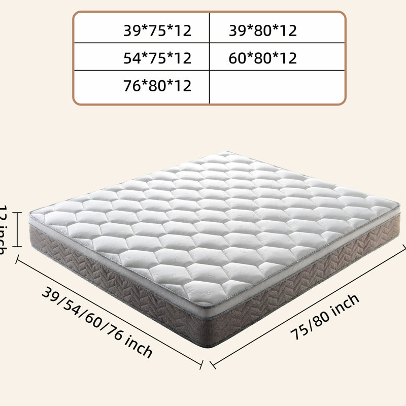 Grand matelas de 12 pouces de taille moyenne, ferme avec mousse à mémoire de forme et ressorts ensachés individuellement, matelas blanc + kaki dans une boîte, isolement de mouvement,