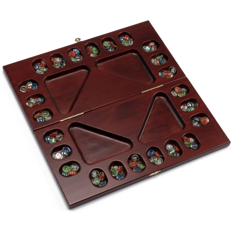 Mahogany Folding 4-Player Mancala Board Game with Multicolor Stones