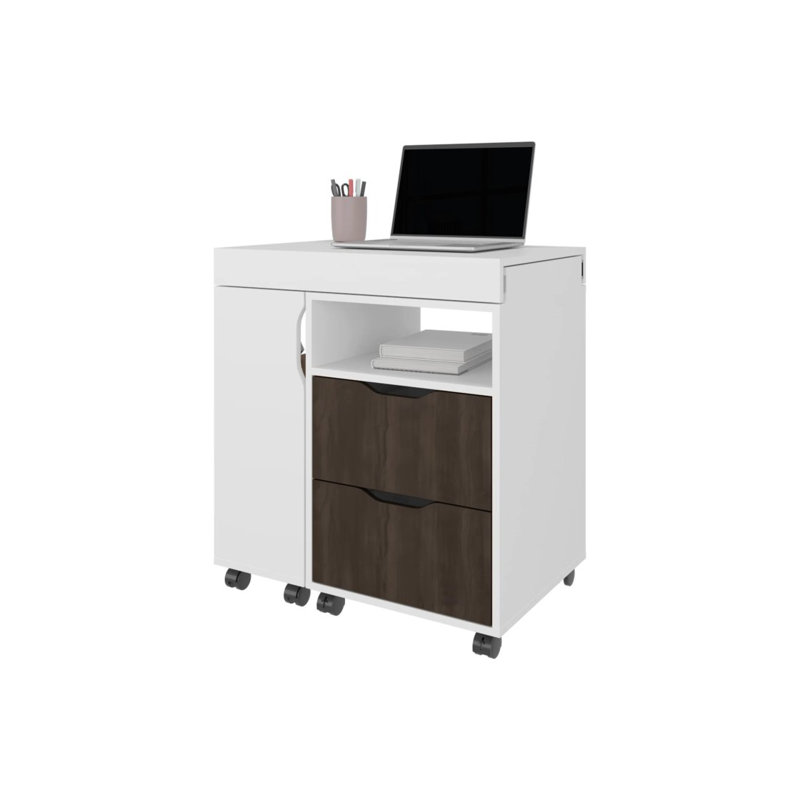 Bureau extensible blanc et noyer teinté à 2 tiroirs avec mécanisme coulissant