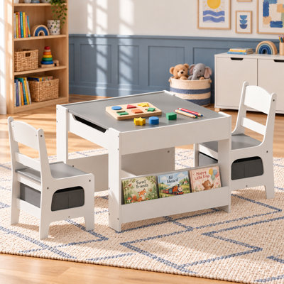 Kids Wood Table & 2 Chairs Set, 4 in 1 Children Activity Table w/Double Bookcase, Blackboard, Toddler Furniture Set
