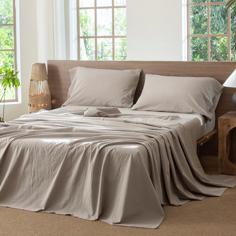 Drap plat 100% coton lavé MooMee, Drap plat grand, Gris crème