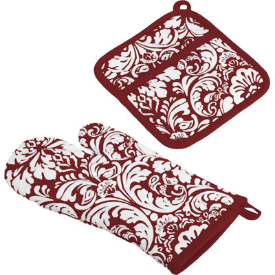House Of Hampton® Angelia Damask Cotton Potholder & Oven Mitt Set
