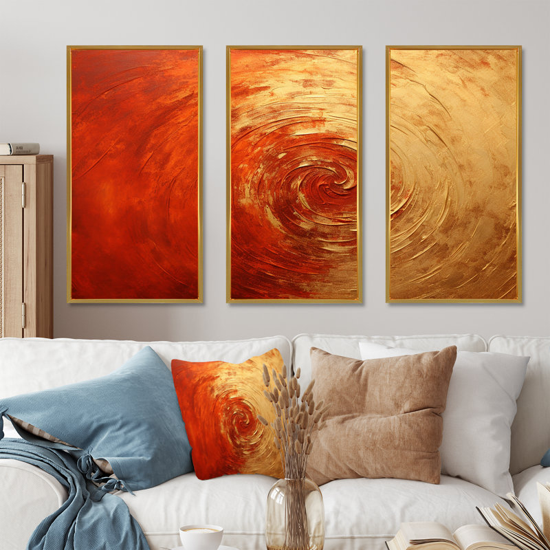 «Gold Red Sunset Vermillion Spiral», ensemble d'art sur toile à spirales abstraites, Cadre flottant doré