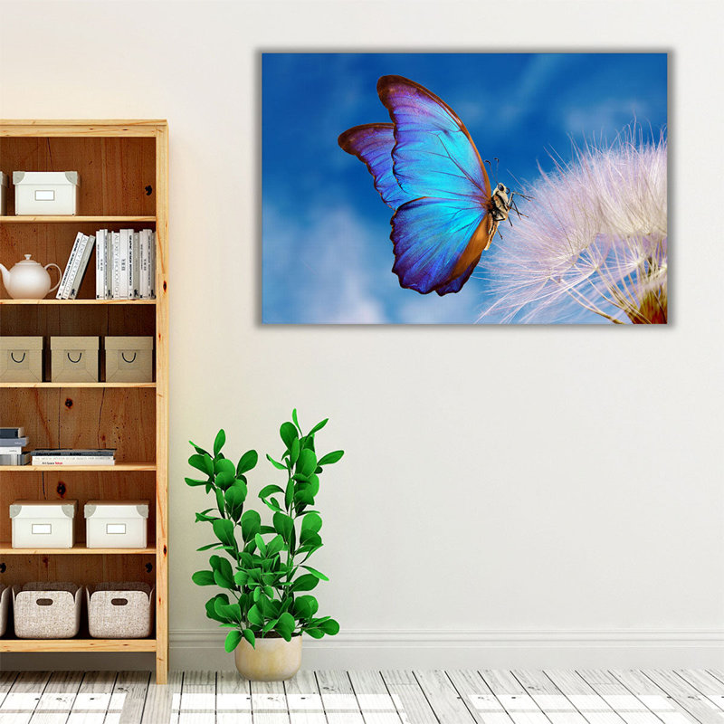 «Morpho Butterfly and Dandelion Flower with Blue Sky», reproduction d'art sur toile, H 12 po x l 18 po