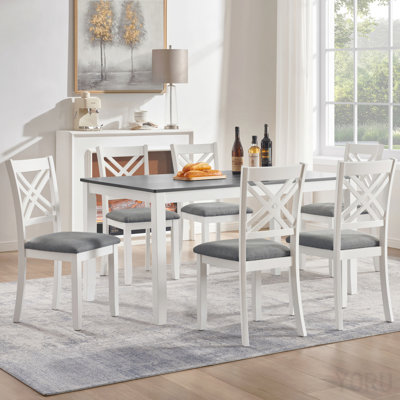 Modern 7-Piece Solid Wood Dining Set With 6 Upholstered Chairs – Grey & White Two-Tone Rectangular Table For 6, Space-Saving Kitchen & Dining Room Set