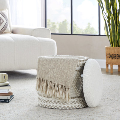 Repose-pieds de rangement 18 po en laine tissée à la main beige avec motif touffeté et noué