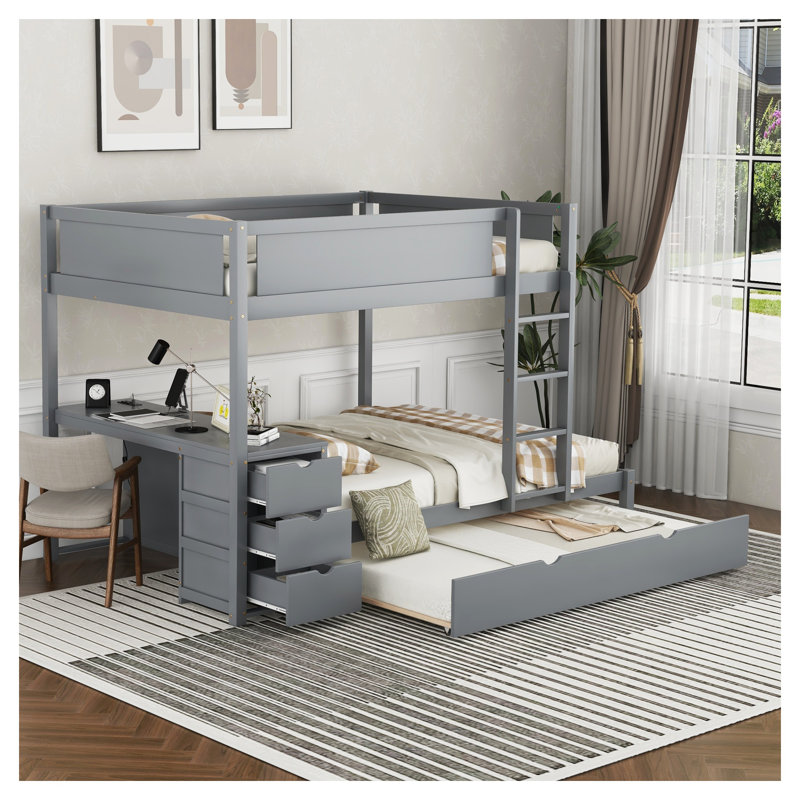 Lit superposé double au-dessus de double gris avec lit gigogne simple, bureau intégré et tiroirs de rangement - Lit mezzanine en bois massif pour enfants