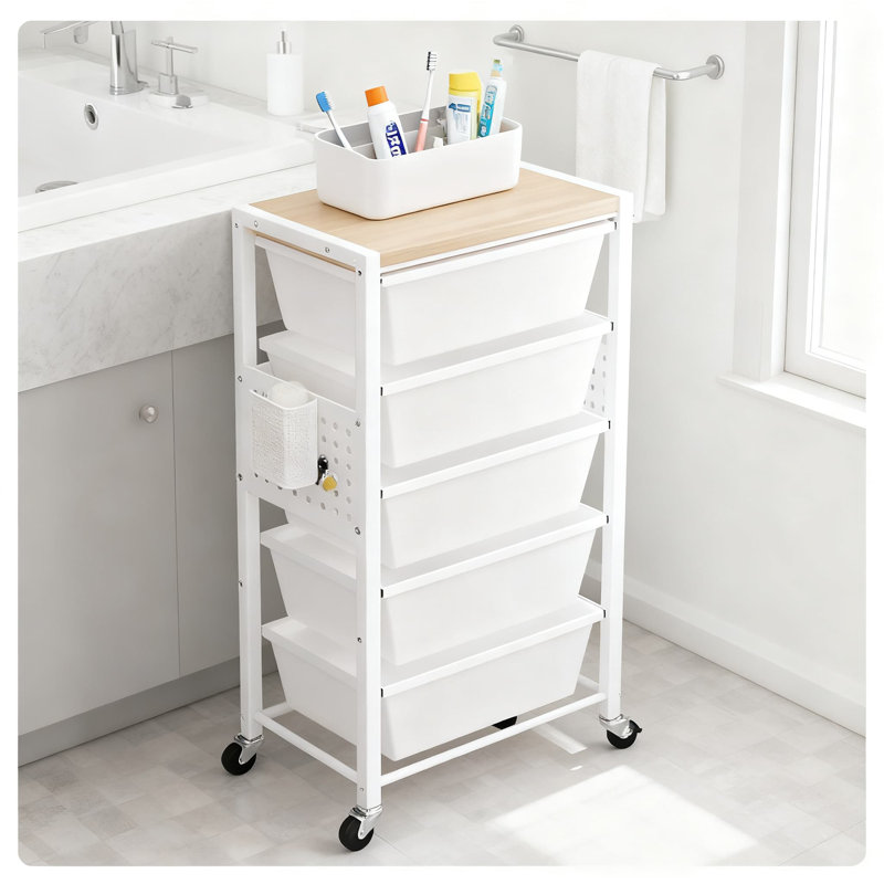 Chariot de rangement roulant à 5 tiroirs avec plateau en bois et panneaux perforés, organisateur mobile en métal avec roulettes pour le bureau, le salon, la salle de classe et l'organisation d'artisanat