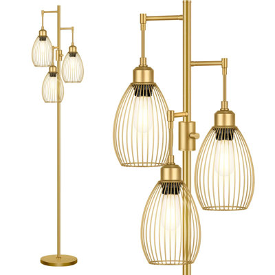 Dimmable Floor Lamp, 3 x 800LM LED Edison Bulbs Included, Farmhouse Industrial Floor Lamp Standing Tree Lamp with Elegant Teardrop Cage Head Tall Lamp for Living Room Bedroom Office Dining Room - Gold