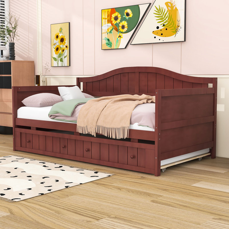 Twin Wood Daybed with Pull-Out Twin Trundle and Slats Support, Espresso