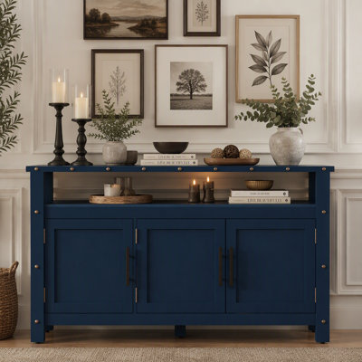 Pine Wood Buffet Cabinet with 3D Fluted Doors and Metal Rivets
