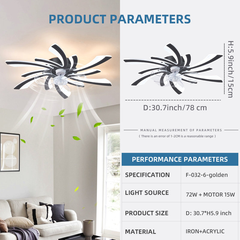 Ventilateur de plafond 30,7 po avec lumières, télécommande 3 températures de couleur, ventilateur à 6 vitesses