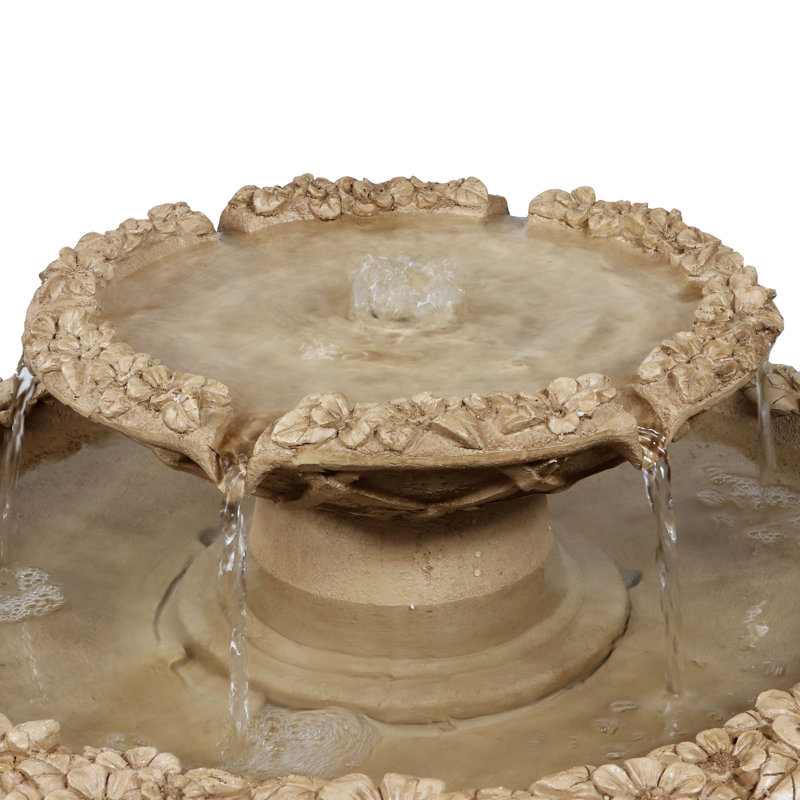 Beveled Flower Light Brown Polyresin 2-Tier Birdbath Water Fountain