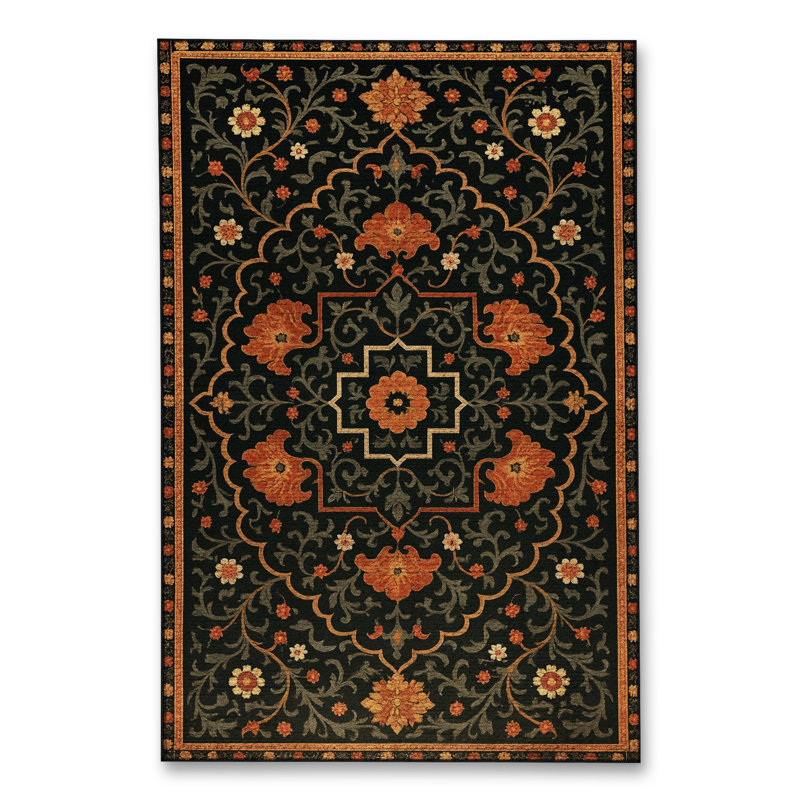 Tapis noir tissé à motif lavable traditionnel Mosso, 3'11" x 5'11"